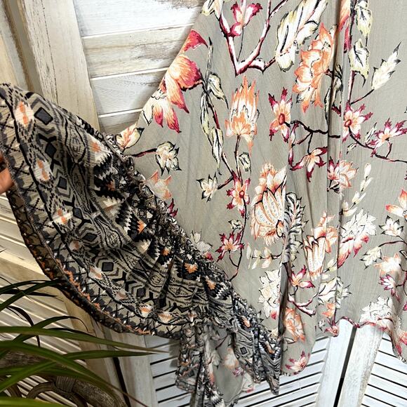 ANGIE Women's Sm Open Front Kimono Top Floral Ruffle Tim Taupe Coral Oversized - Picture 10 of 16